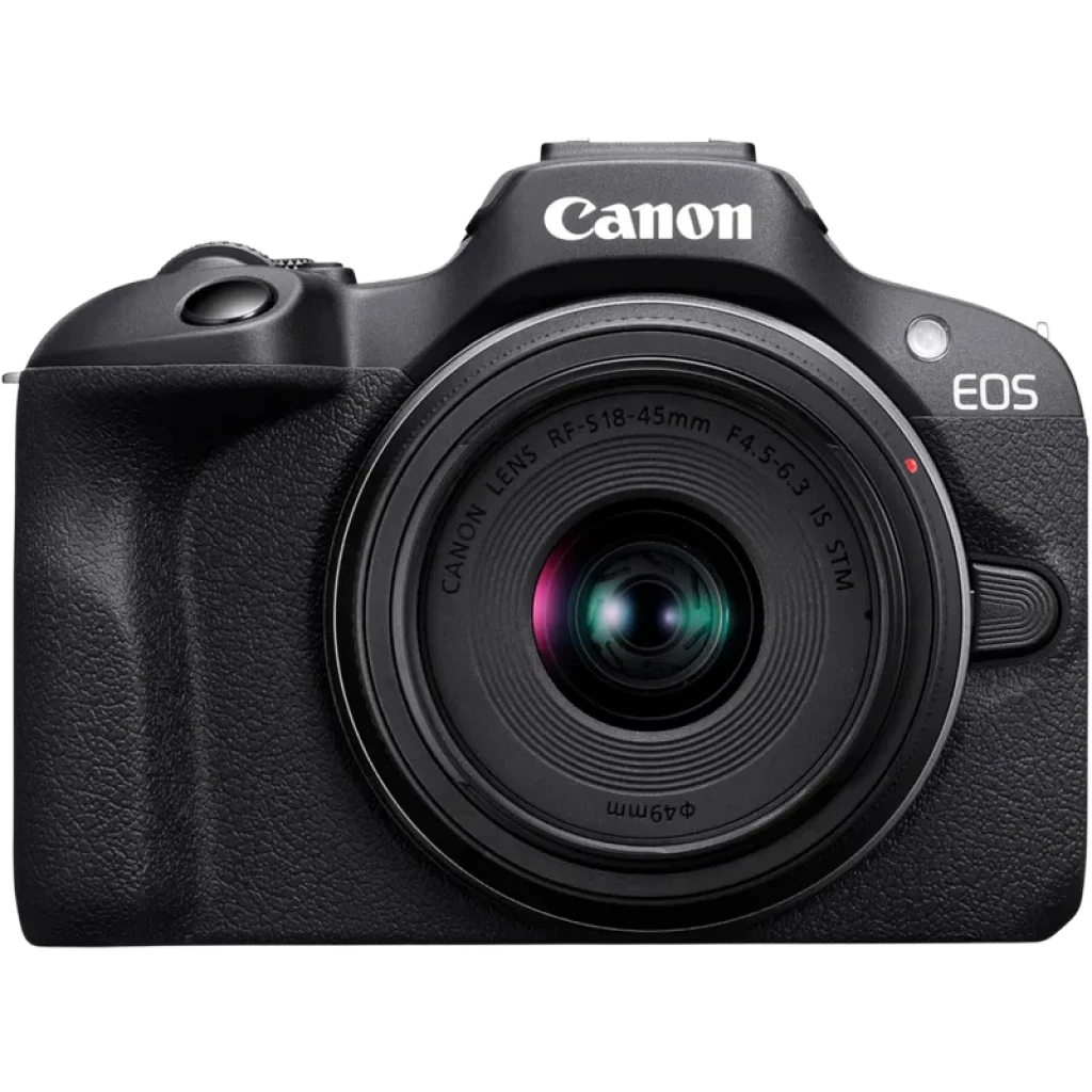 Cámara Canon EOS R100 mirrorless con lente RF-S 18-45mm F4.5-6.3 IS STM, cuerpo negro compacto, agarre texturizado y anillo de enfoque visible