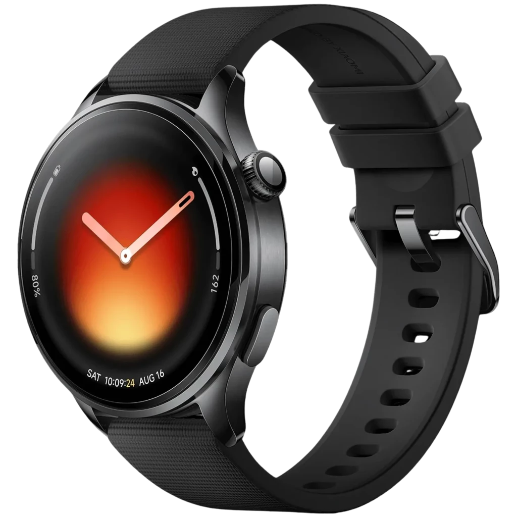Xiaomi Watch 5 Negro con caja metálica, pantalla circular AMOLED sin bisel, corona lateral y correa de silicona negra con hebilla y ranuras ajustables