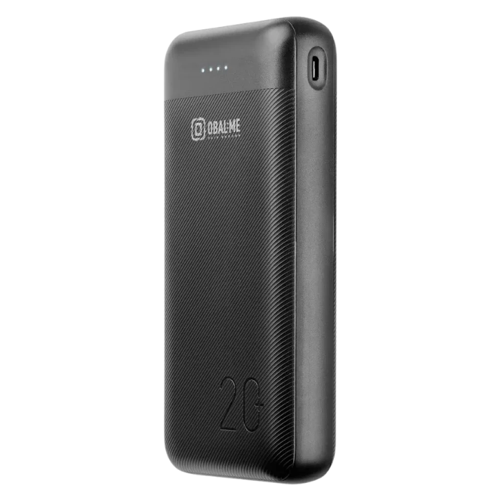 OBAL ME PowerNest Negro 20000mAh powerbank compacto con textura antideslizante, indicador LED de carga y puerto lateral, número 20 grabado en la carcasa