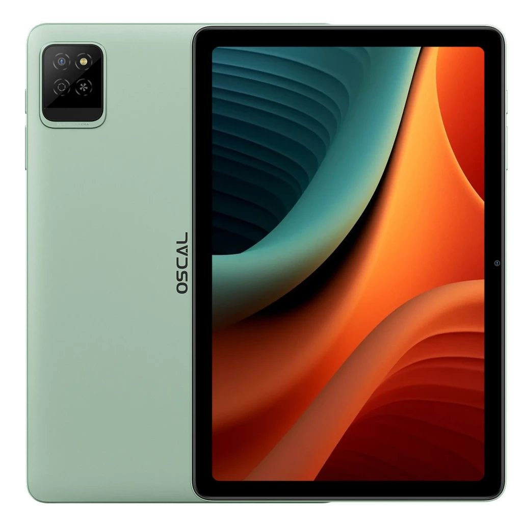 Tablet Oscal Pad 30 Wifi verde menta con pantalla amplia de bordes finos, cámara trasera doble en módulo cuadrado y logo lateral; diseño delgado y moderno