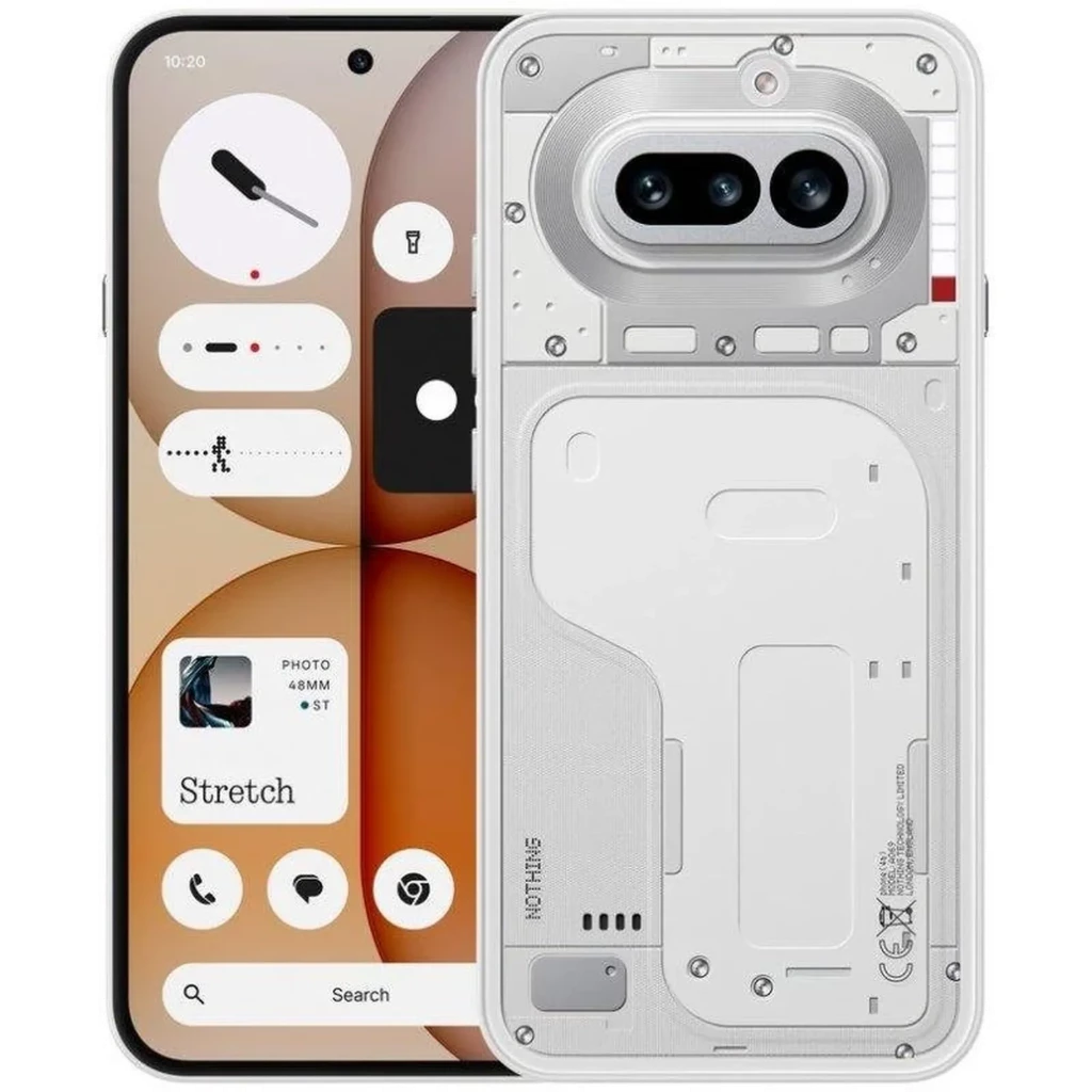 Smartphone blanco con panel trasero transparente, cámaras duales horizontales y LEDs Glyph; pantalla frontal con biseles finos y orificio centrado para la