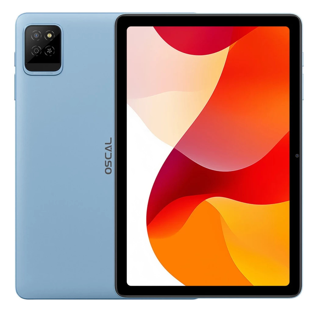 Tablet Oscal Pad 30 Wifi azul con pantalla IPS de 10.1 pulgadas, marco negro delgado y doble cámara trasera cuadrada; 128GB y 4GB de RAM expandible