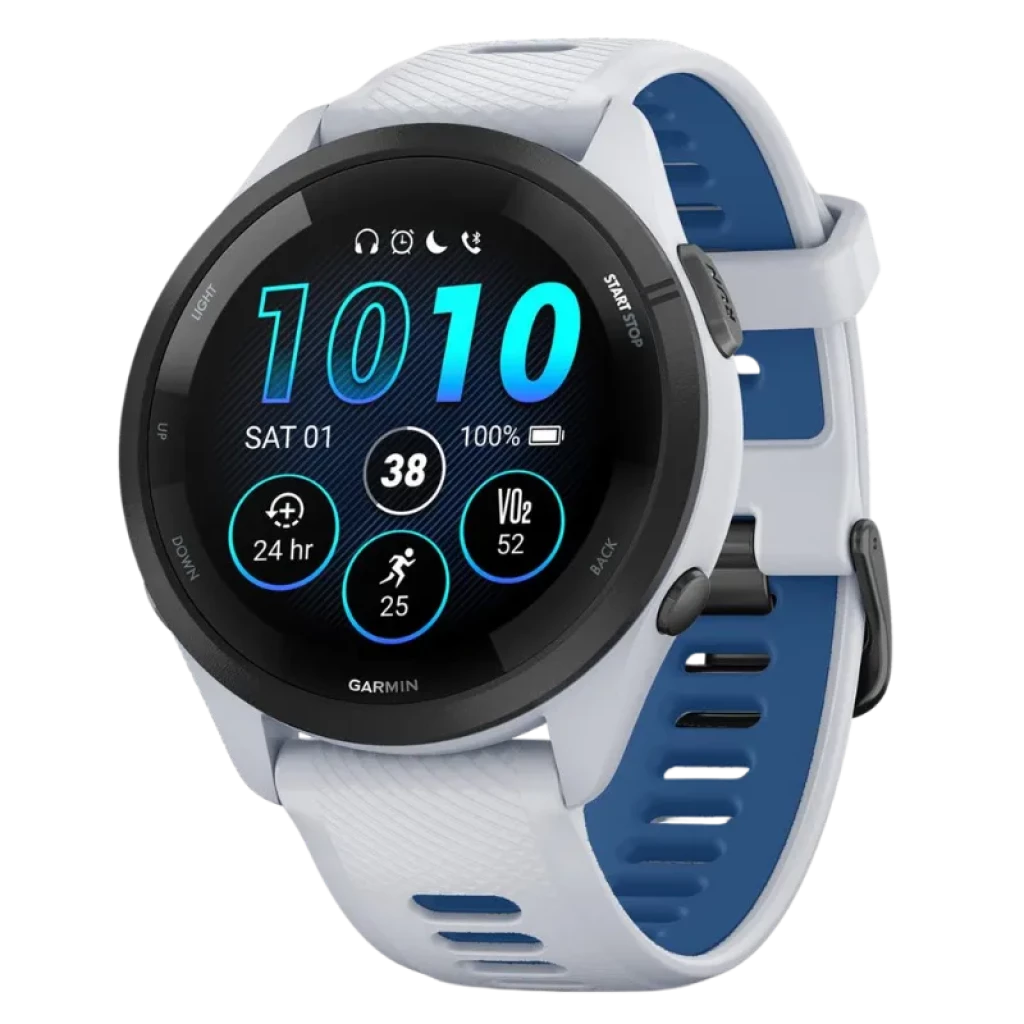 Garmin Forerunner 265 46mm blanco y azul con correa ventilada, bisel negro y pantalla AMOLED 1,3 pulgadas; botones laterales y esferas fitness visibles