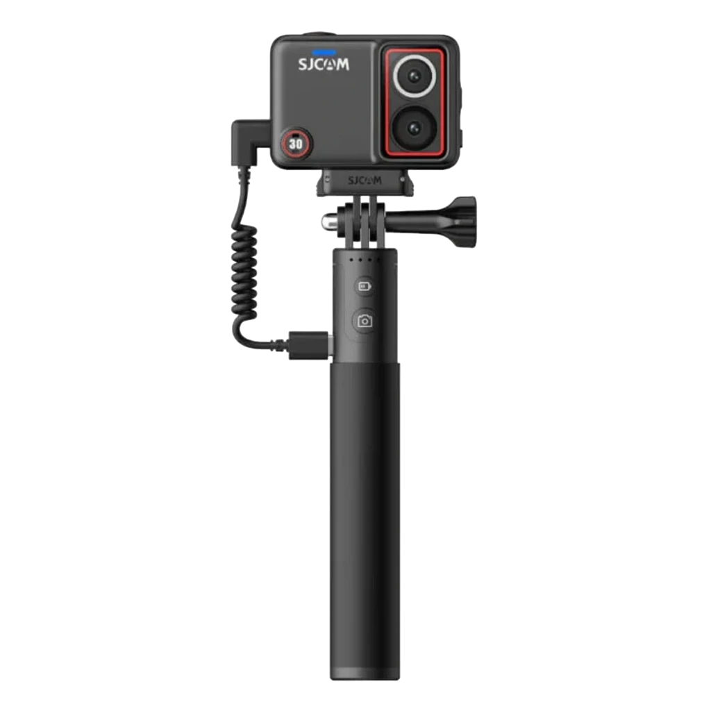 SJCAM SJ30 Charging Kit 8K Lente Dual Starlight con empuñadura y cable en espiral, módulo dual con aro rojo, soporte articulado y cuerpo compacto negro