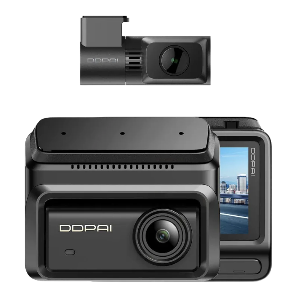 DDPAI Z90 2CH 4K – cámara frontal con lente gran angular, módulo trasero compacto, pantalla lateral a color y diseño negro mate con ventilación superior