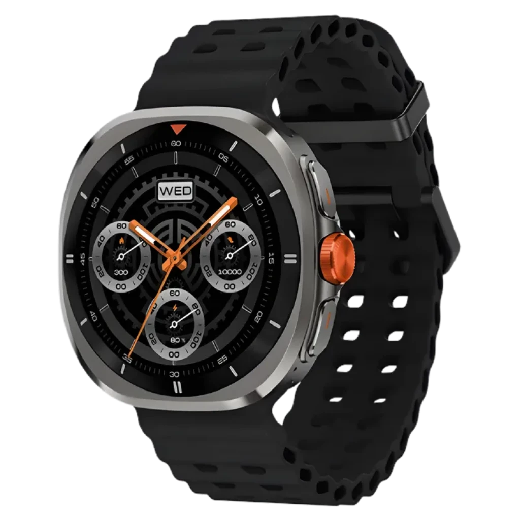 Haylou Vibe con pantalla AMOLED 1,43 pulgadas, bisel metálico, corona naranja, correa negra perforada y esfera deportiva con múltiples subesferas