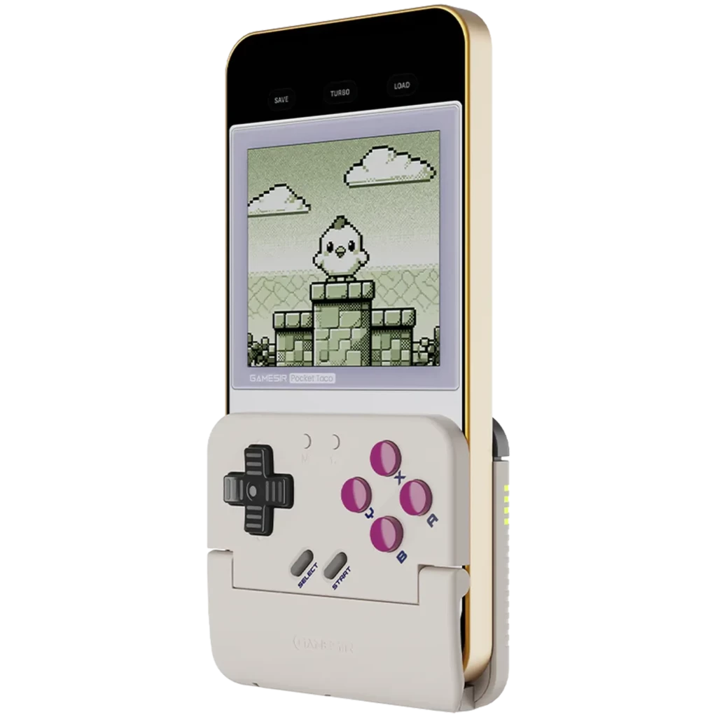 GameSir Pocket Taco P1 Gamepad para Android con diseño retro: cruceta negra, botones morados A B X Y, select y start, soporte tipo clip y acabado beige y