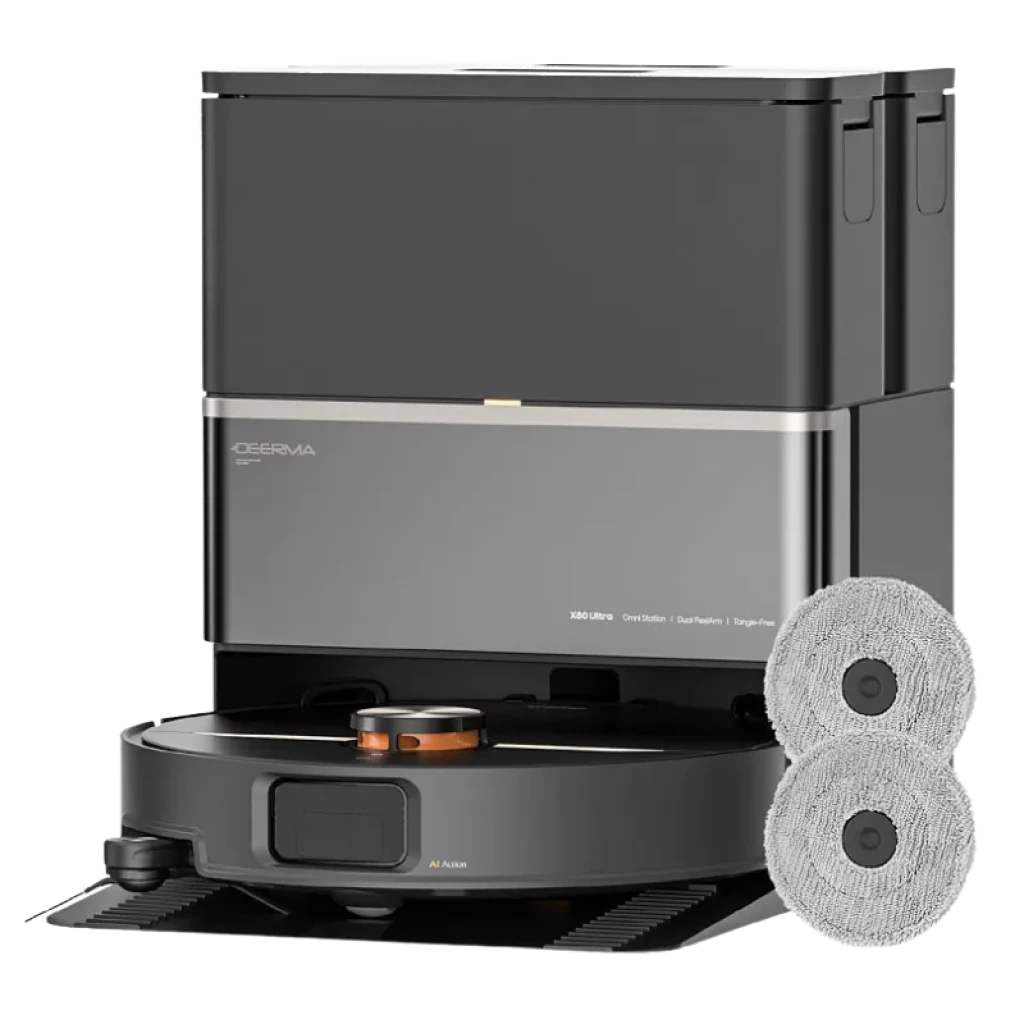 Deerma X80 Ultra, robot circular negro con torre láser, panel frontal plateado, incluye dos mopas redondas y depósito 3L