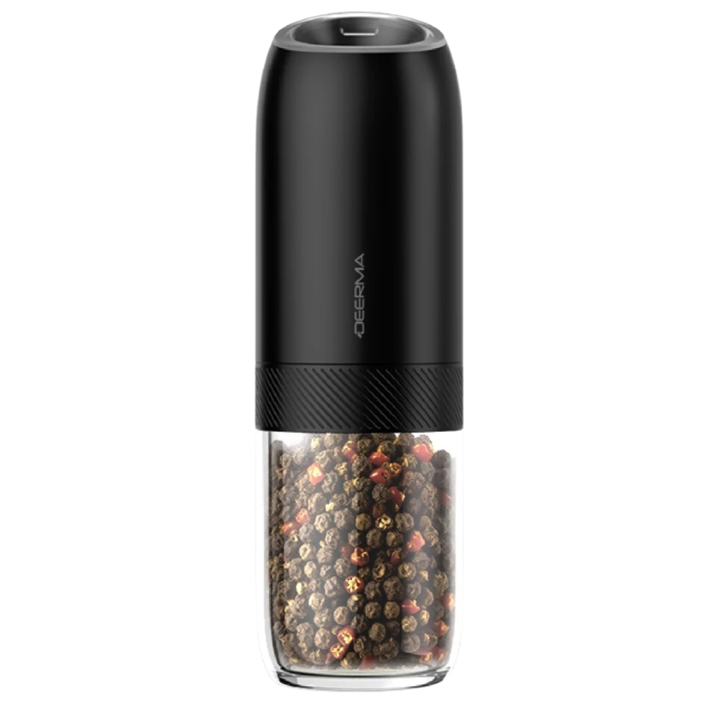 Molinillo eléctrico Deerma YM01 negro con cuerpo superior mate y depósito transparente con granos; activación por gravedad y diseño cilíndrico compacto