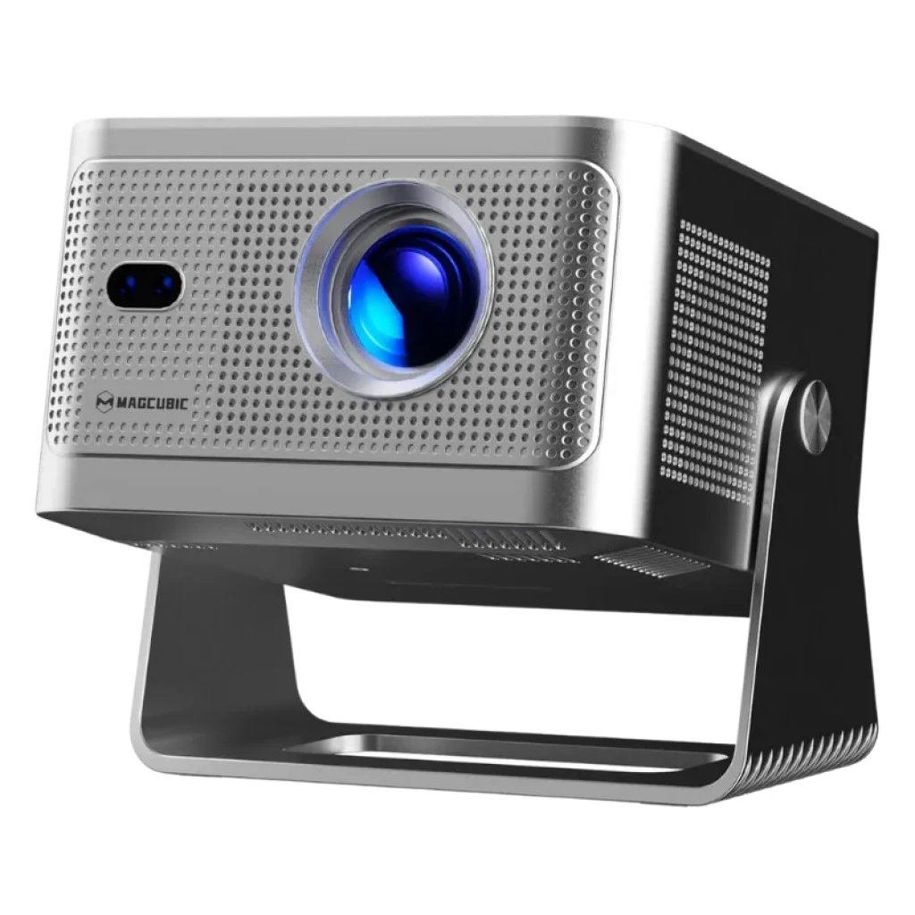 Vista frontal proyector Magcubic HY350GT con soporte 180 grados y lente asférica