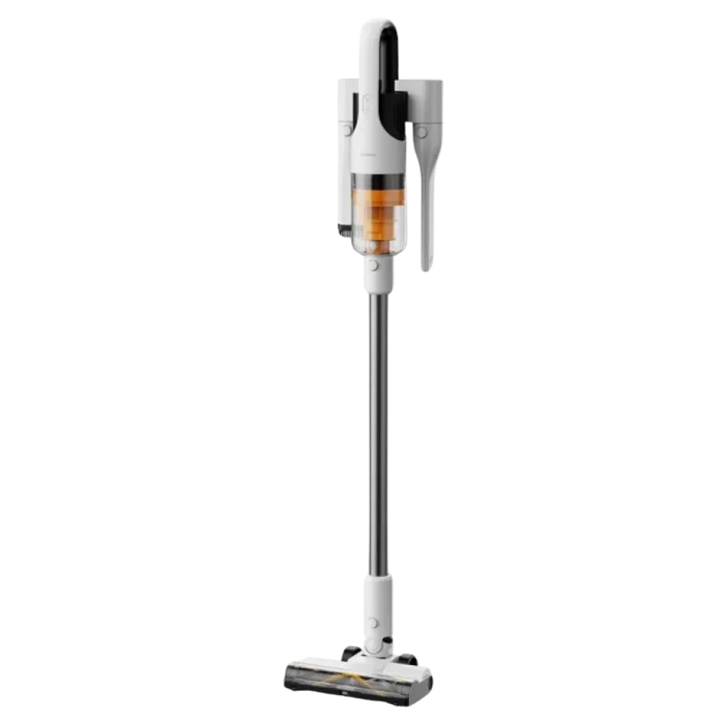 Deerma T10W con cuerpo delgado, tubo metálico largo, depósito transparente ámbar y cabezal motorizado de piso