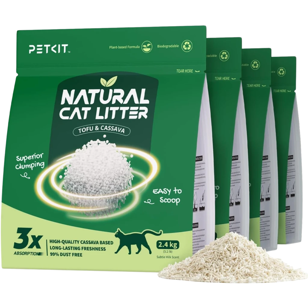 PETKIT Arena de Tofu para Gatos 100% Natural Pack x4 con bolsas verdes de 2.4 kg, gránulos blancos tipo arroz, aglomeración superior y fácil de recoger