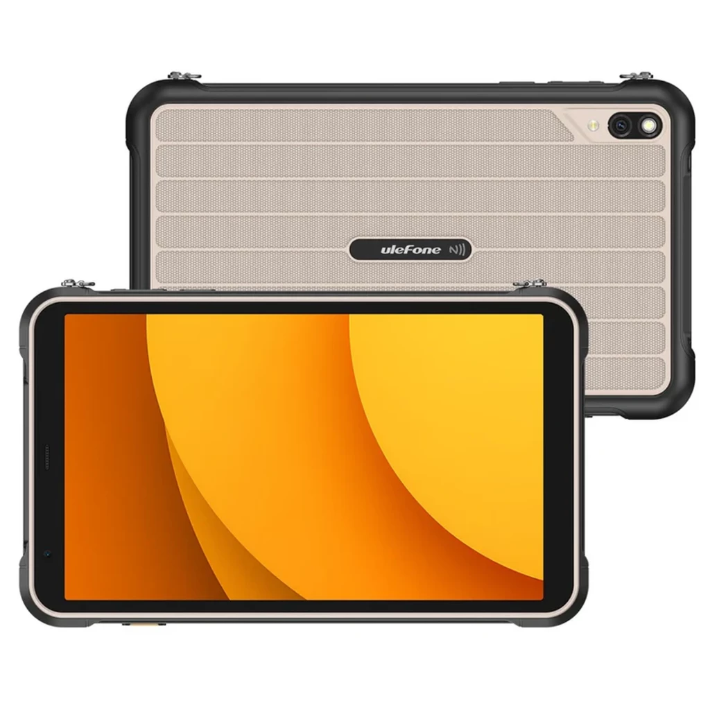 Tablet Ulefone Rugking Pad Pro gris robusta con bordes reforzados, pantalla amplia, cámara trasera con flash, logotipo NFC visible y diseño antideslizante en