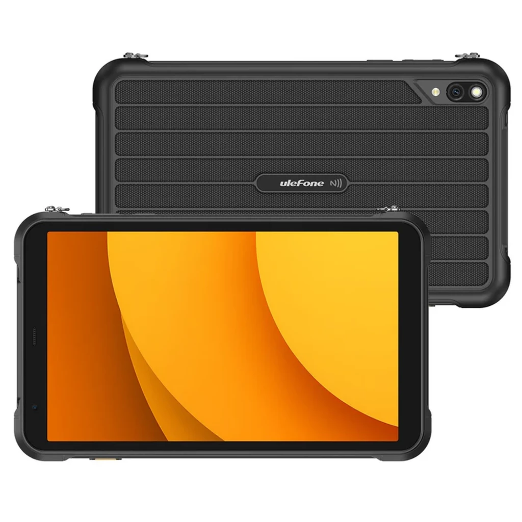 Tableta rugerizada Ulefone Rugking Pad Pro negra, cuerpo robusto con textura, pantalla amplia frontal, cámara trasera con flash, bordes reforzados y puertos