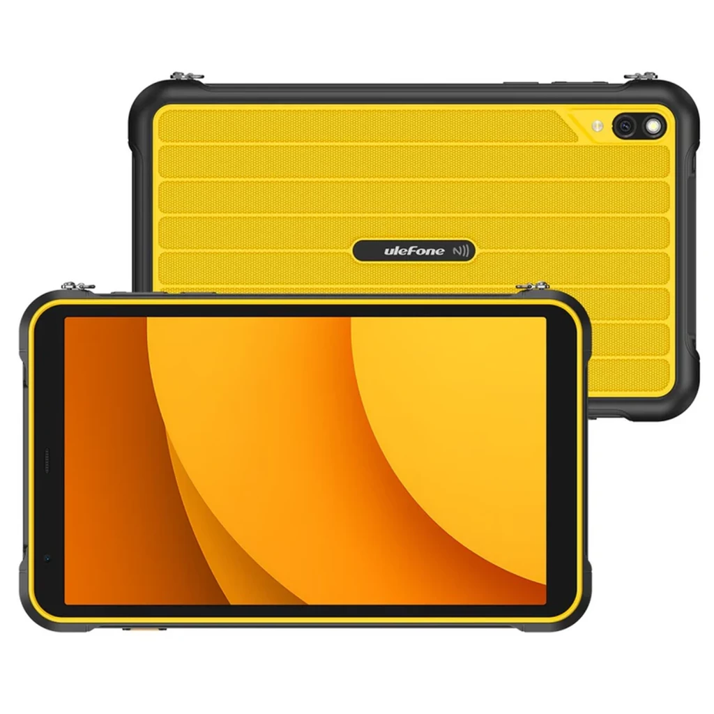Tablet robusta amarilla con marco negro, pantalla de 8.68 pulgadas, cámara trasera con flash, logotipo NFC al centro y esquinas reforzadas para uso resistente