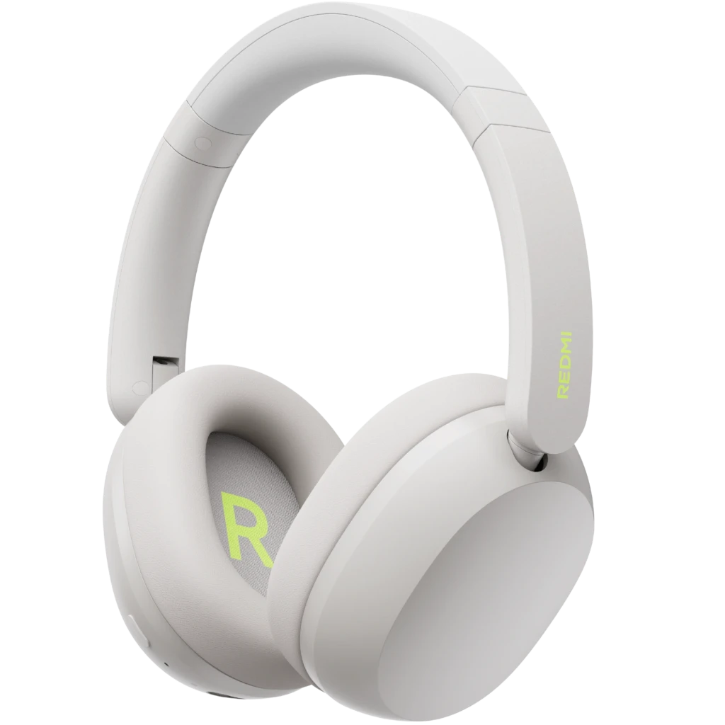 Auriculares inalámbricos blanco arena con diadema acolchada, copas ovaladas lisas y logotipo Redmi verde; diseño over-ear minimalista y moderno