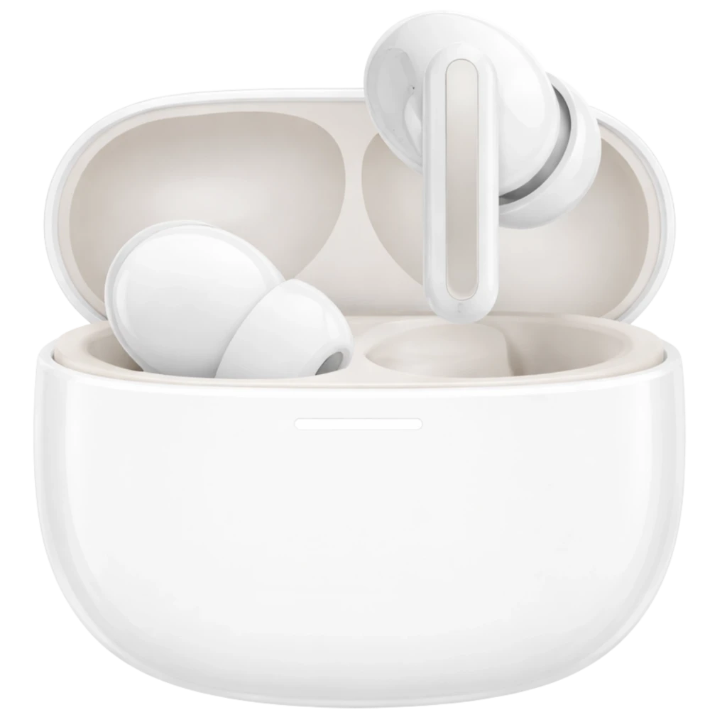 Auriculares Xiaomi Redmi Buds 8 ANC blancos con estuche mate, diseño in-ear con puntas de silicona, vástagos rectos y LED frontal; compactos y elegantes
