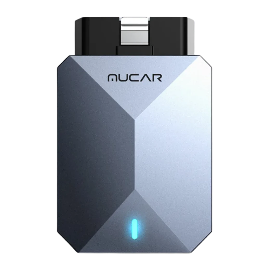 Mucar BT200 Max, compacto con carcasa gris metalizada facetada, puerto OBD negro y luz LED azul indicadora en frontal