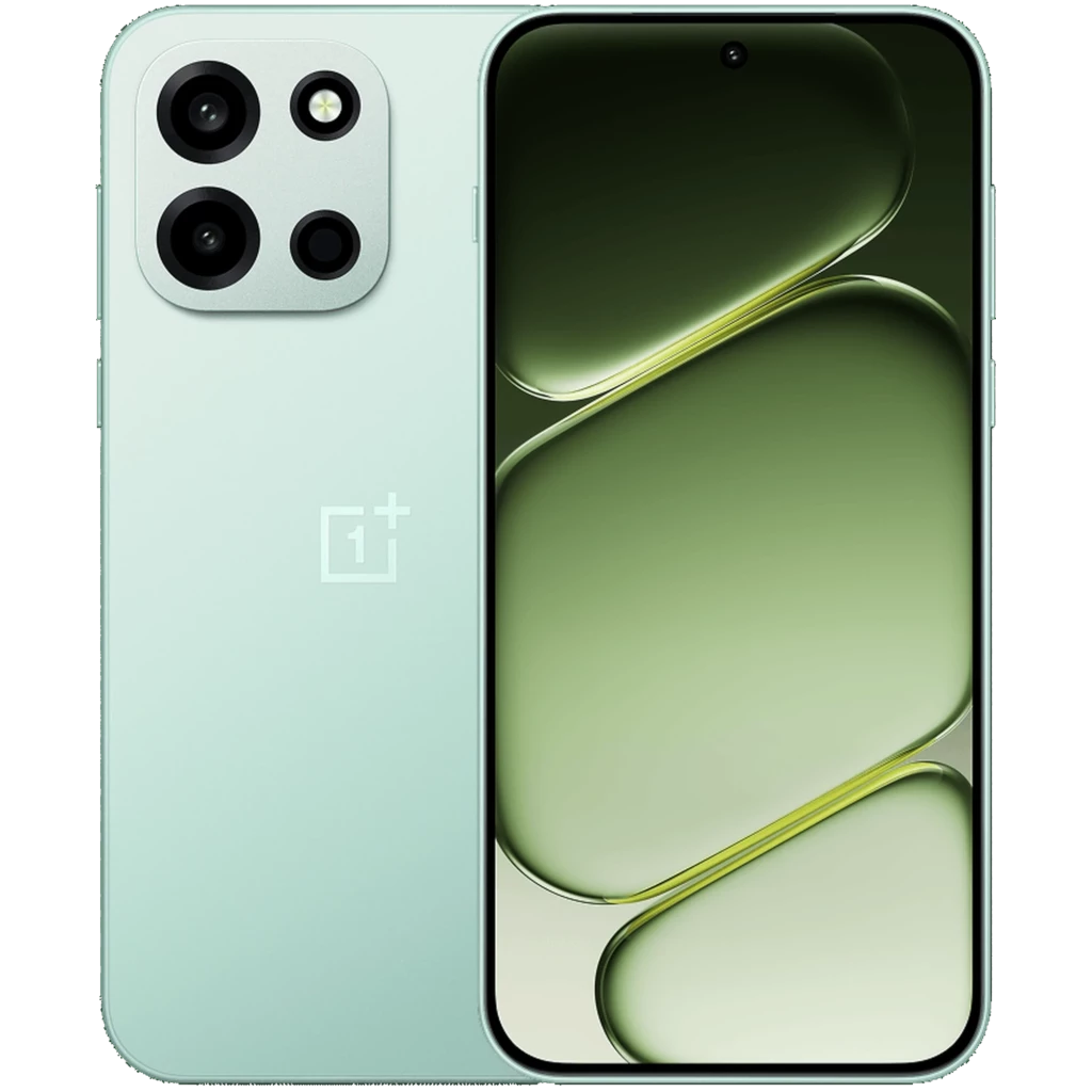 Oneplus Nord 6 5G verde menta con pantalla OLED borde a borde, agujero central y triple cámara trasera de 50 Mpx; logo OnePlus centrado en la trasera