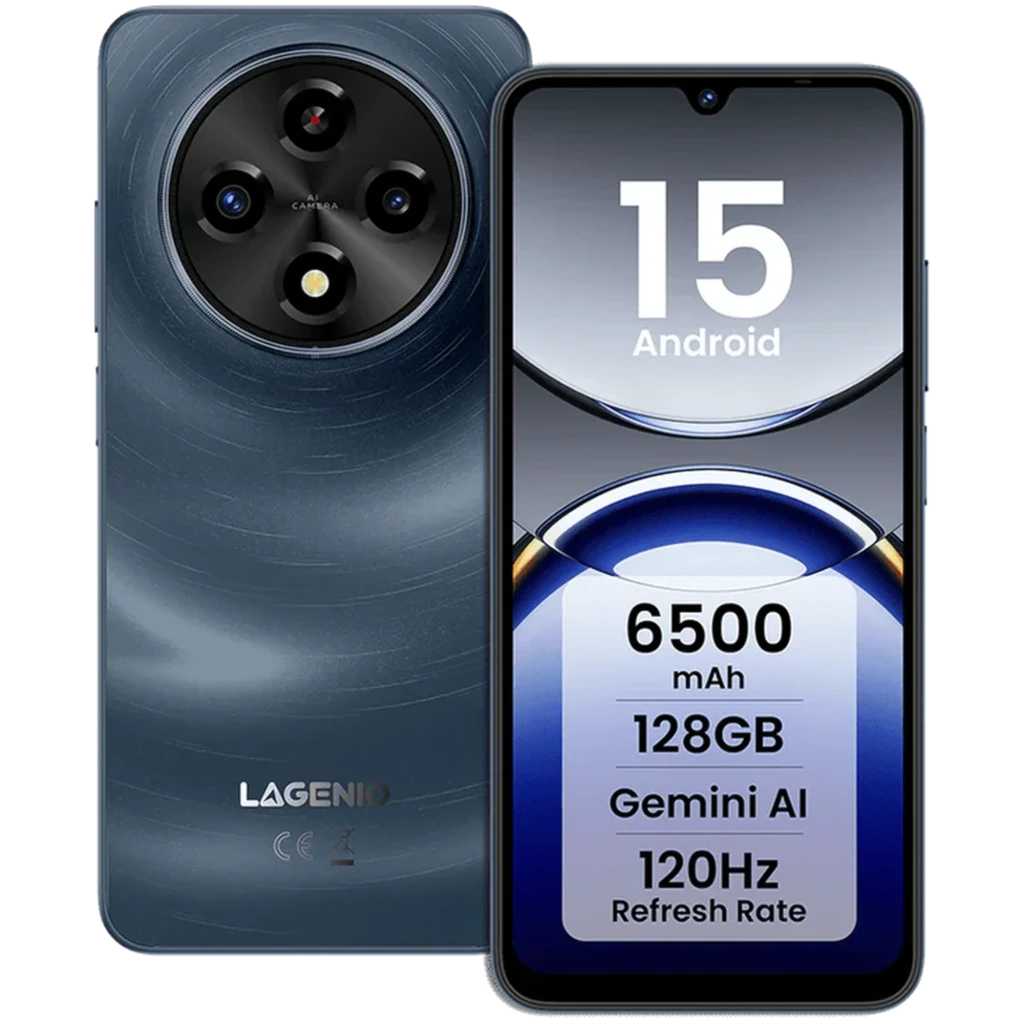 Lagenio A12 Navy con pantalla 120 Hz, batería 6500 mAh, 128 GB y 4 GB RAM; módulo trasero circular con triple cámara y frontal con notch en V
