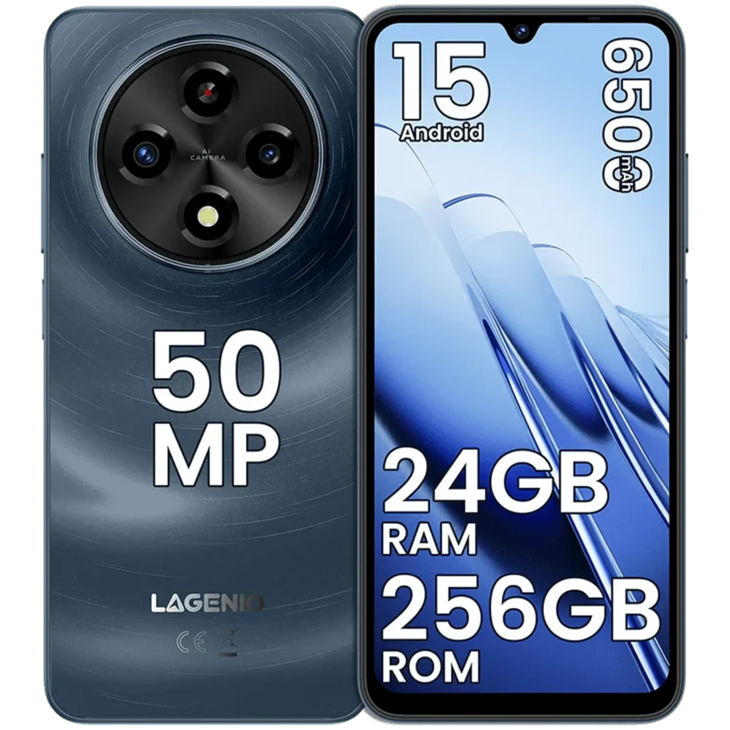 Lagenio A12 Pro Navy con módulo de cámara trasera circular 50 MP, pantalla con notch en V, bordes delgados, cuerpo azul texturizado y 256GB ROM