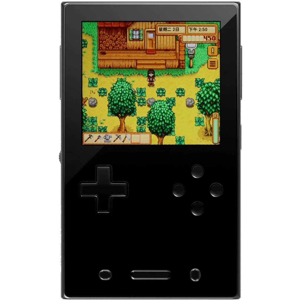 Ayaneo Pocket VERT negro, consola portátil vertical con cruceta y cuatro botones frontales, pantalla a color mostrando juego pixel art; 8GB RAM, 128GB,