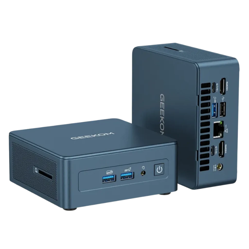 Mini PC GEEKOM Mini IT12 azul compacto con puertos frontales USB y audio, botón de encendido, laterales ventilados y panel trasero con HDMI, USB y Ethernet