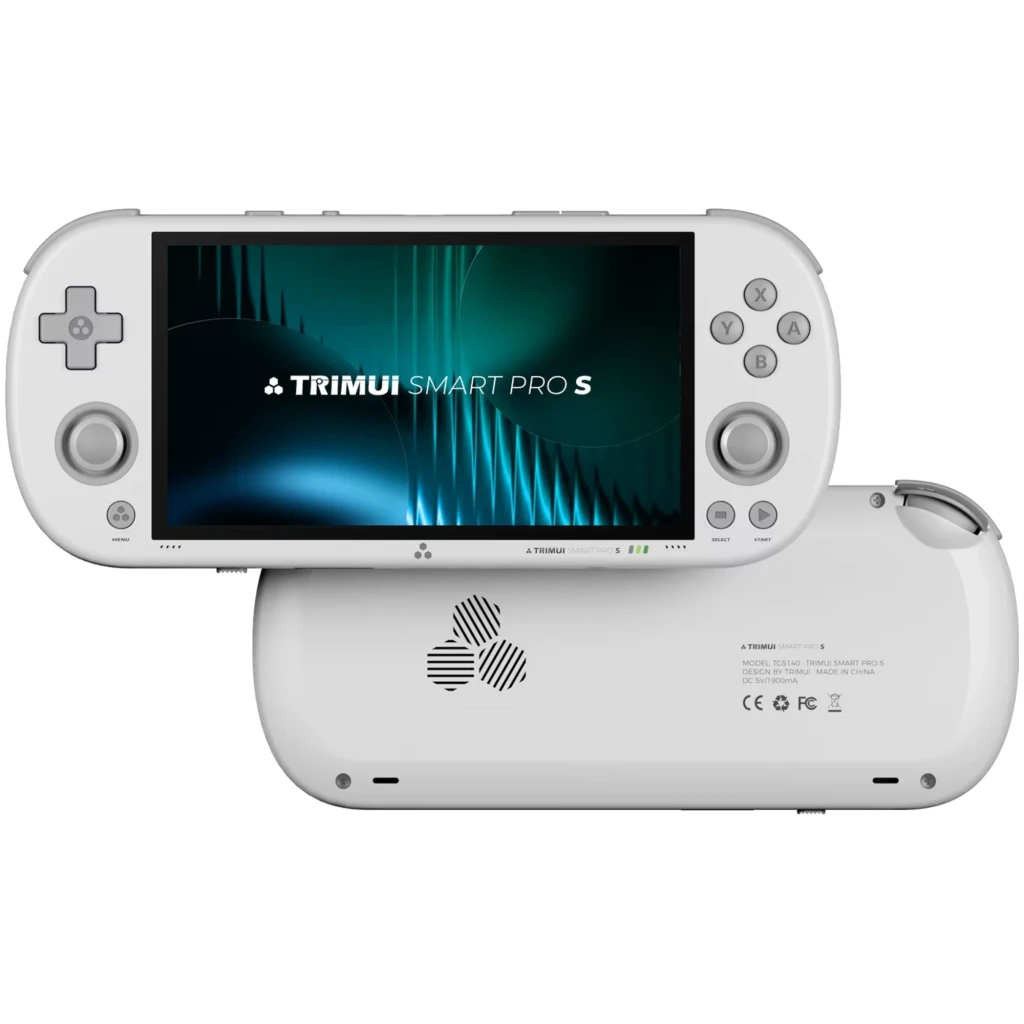 Consola retro blanca con pantalla amplia, cruceta, doble joystick, botones ABXY y altavoces frontales. Modelo Trimui Smart Pro S TG5050 sin tarjeta SD