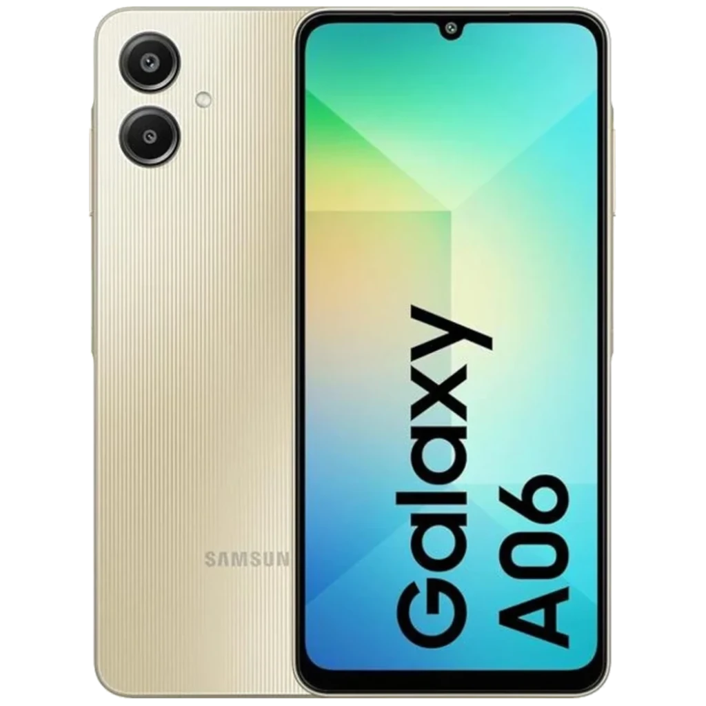 Samsung Galaxy A06 4G dorado con pantalla grande de biseles finos, notch en V, doble cámara trasera vertical y tapa texturizada con acabado metálico.