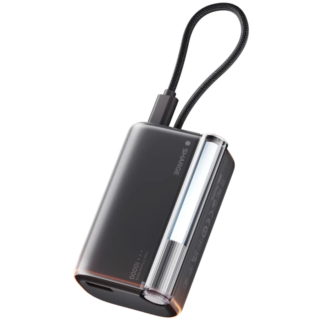 Power bank SHARGE Flow 3 45W 10000mAh con cable USB-C integrado, diseño compacto negro translúcido, correa de mano, indicador LED y puerto USB-C frontal