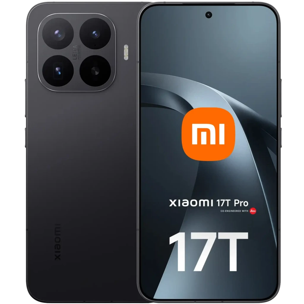 Xiaomi 17T Pro 5G negro con pantalla casi sin bordes y cámara trasera cuádruple en módulo cuadrado Leica; acabado mate y frontal con perforación central