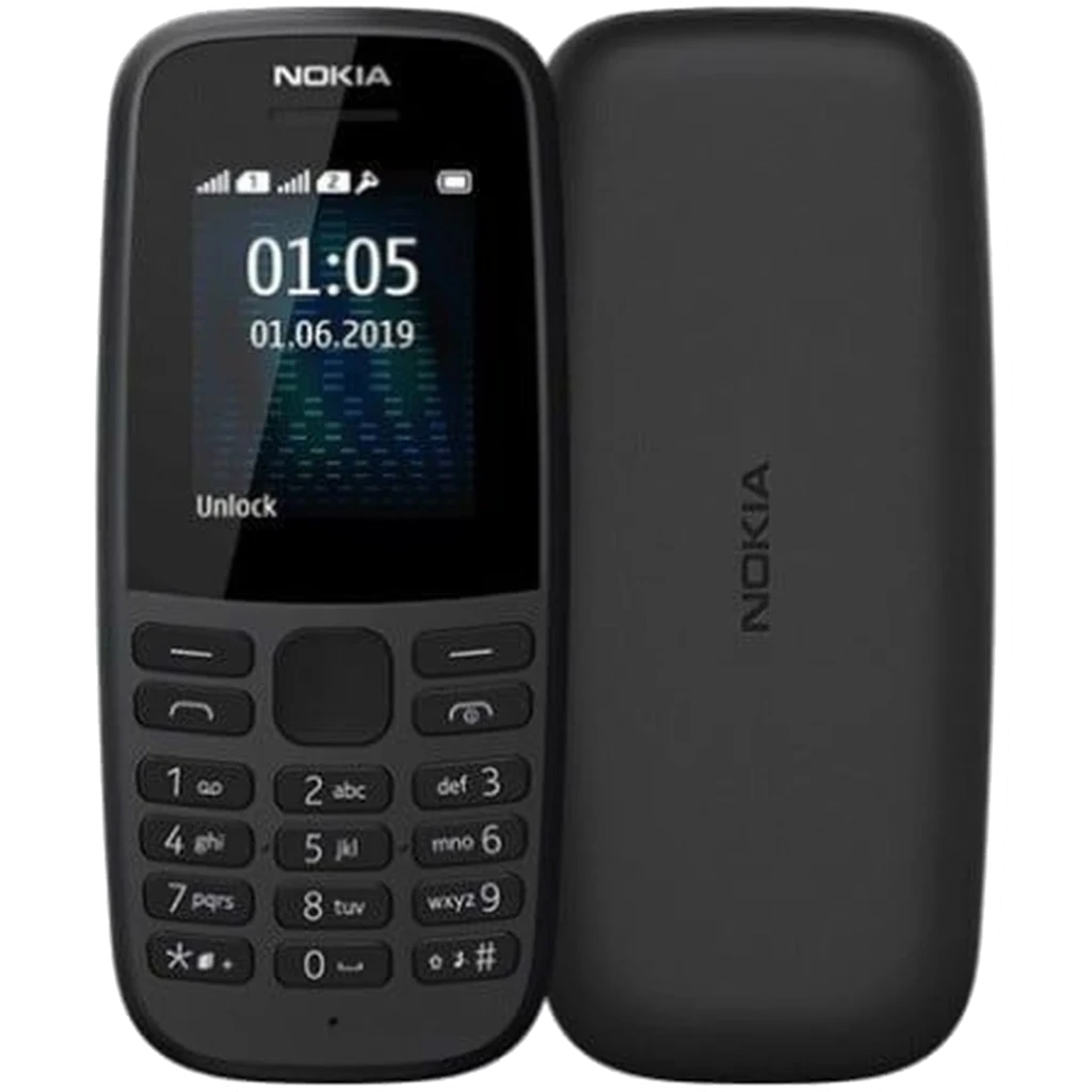 Nokia 105 TA-1174 4ª Edición Dual SIM: teléfono básico negro con teclado físico grande, pantalla a color pequeña, linterna superior y carcasa resistente.
