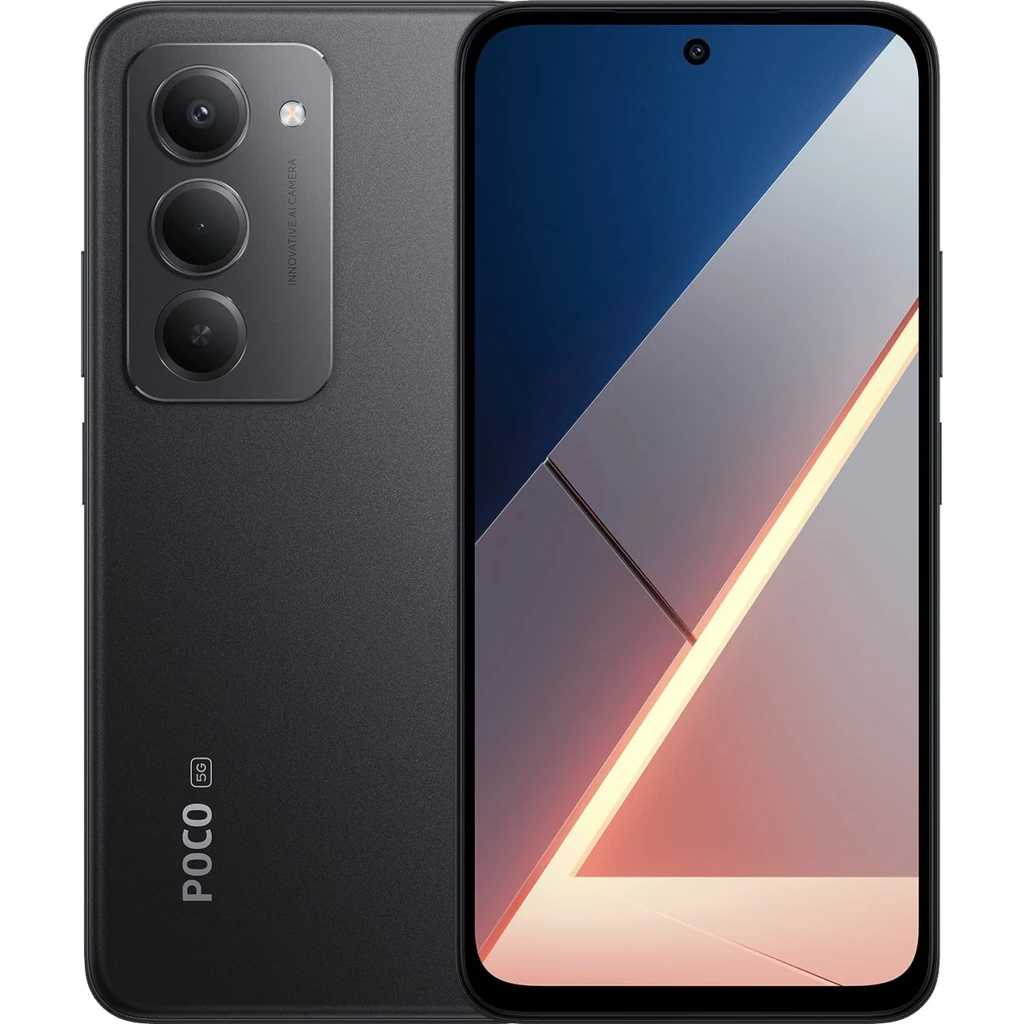 Xiaomi Poco M8s 5G negro con pantalla FullHD+ sin marcos y cámara frontal en orificio; triple cámara trasera vertical y logo POCO 5G en el lateral trasero
