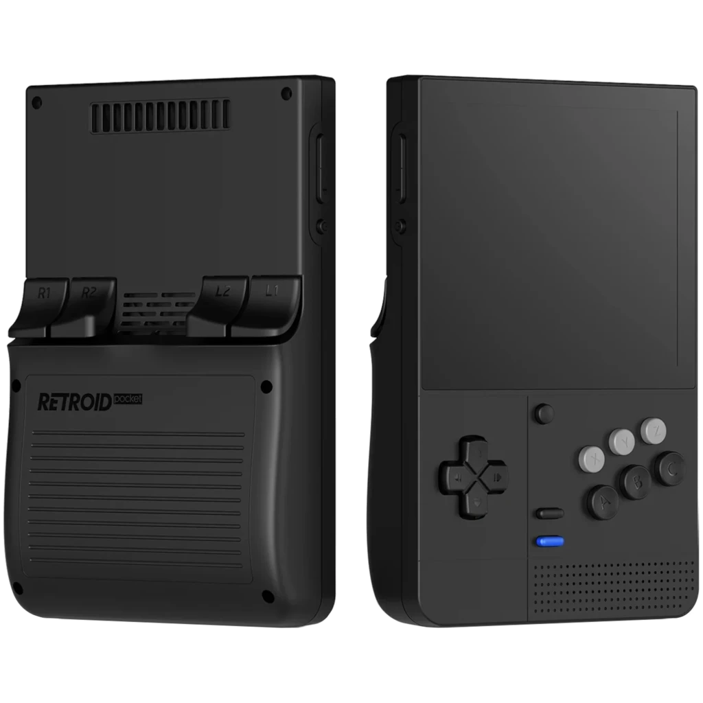 Consola portátil negra Retroid Pocket Classic SG con pantalla AMOLED, cruceta y botones frontales grises, gatillos R1 R2, altavoz frontal y luz LED azul