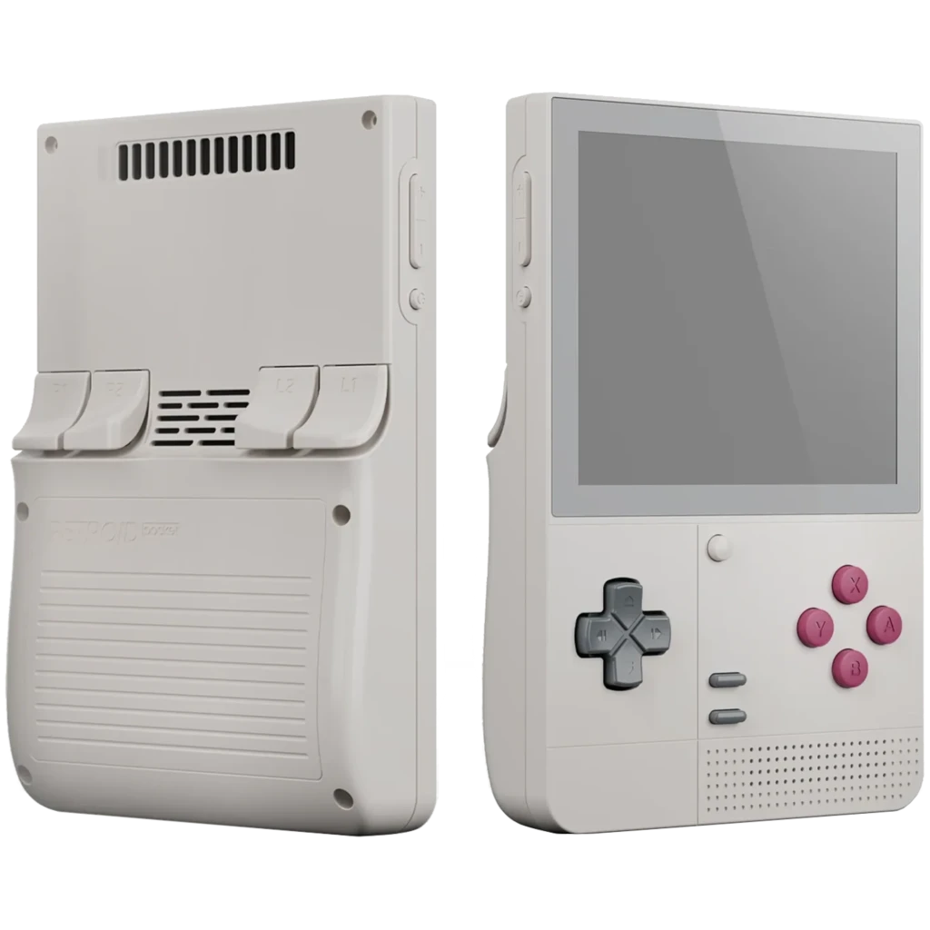 Retroid Pocket Classic Retro 6GB/128GB AMOLED, consola portátil gris estilo vintage con pantalla grande, cruceta, botones rosados y altavoz frontal