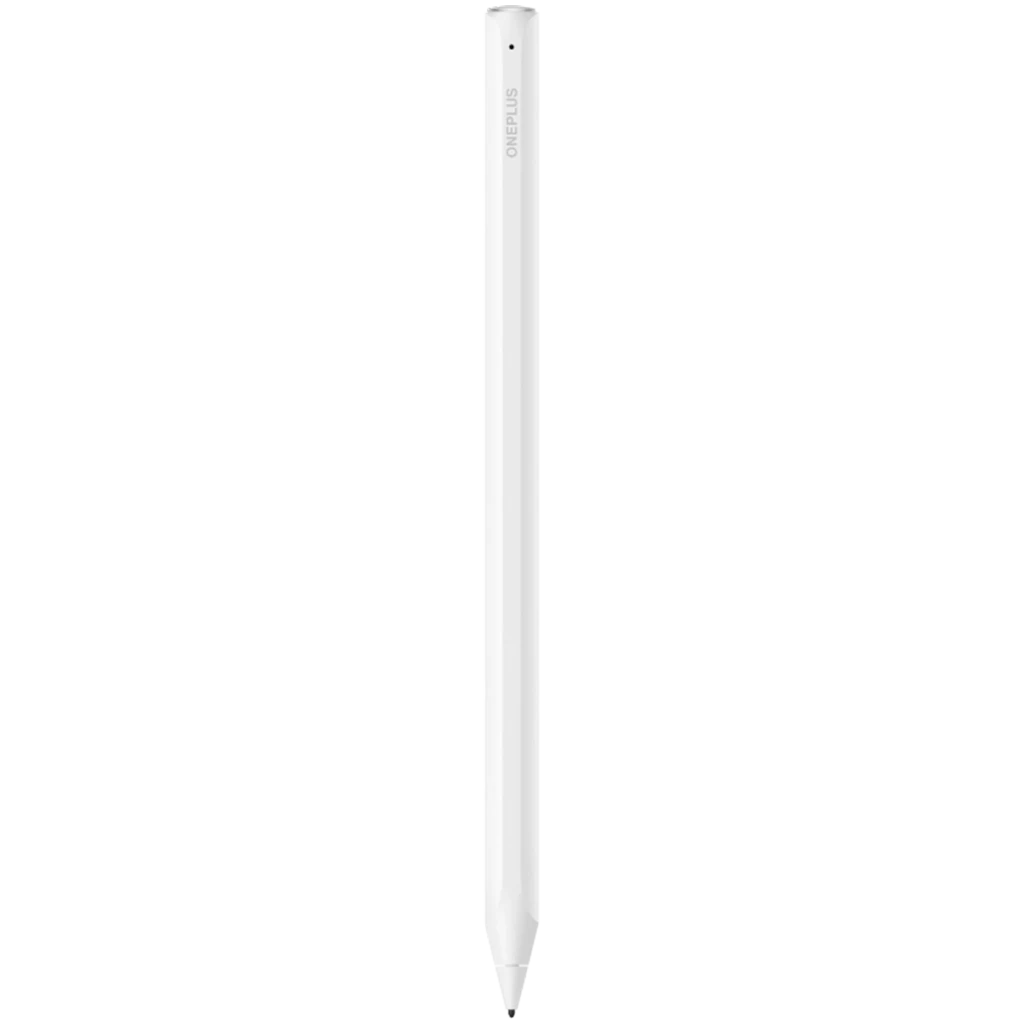 OnePlus Stylo Pro, lápiz óptico blanco con punta fina y cuerpo cilíndrico, clip superior y marca lateral; diseño minimalista y preciso para dibujo y notas