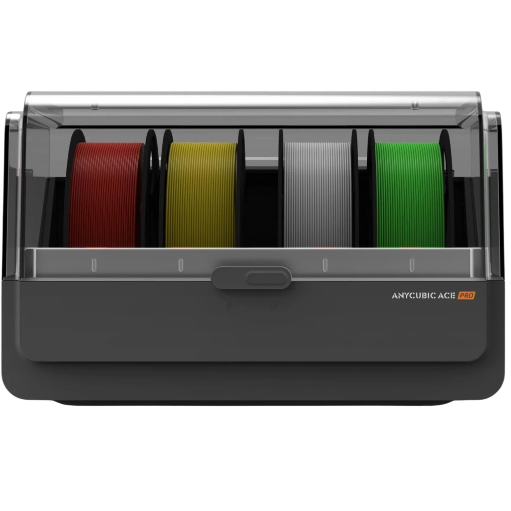 Anycubic Color Engine Pro para Kobra 3 Max, contenedor frontal gris con tapa transparente y cuatro bobinas visibles en negro, amarillo, rojo y verde