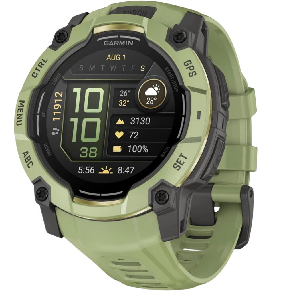 Garmin Instinct 3 AMOLED 50 mm en verde Fern, caja de resina y correa de silicona, bisel robusto, pantalla con métricas, botones laterales y diseño resistente