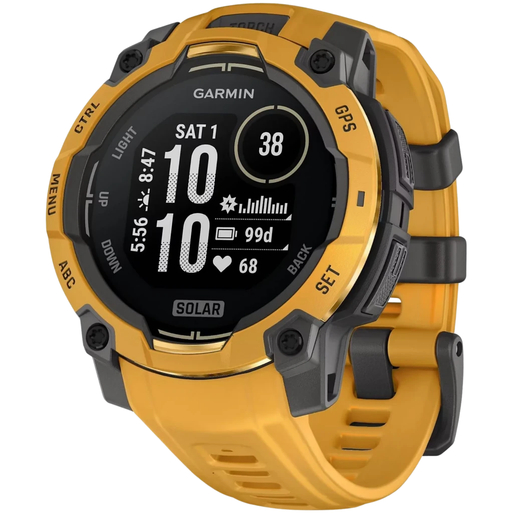 Reloj Garmin Instinct 3 Solar 50mm en amarillo Sunburst y gris, pantalla negra con datos de actividad, bisel robusto, correa perforada y botones laterales
