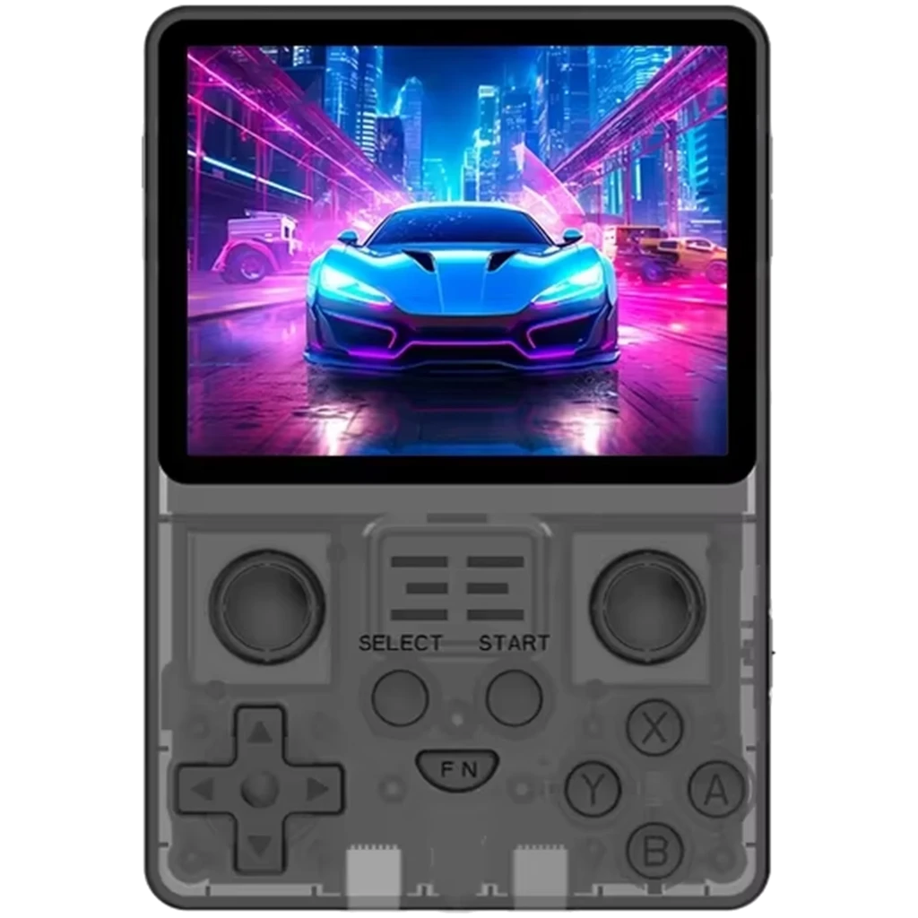 Consola portátil Powkiddy RGB20S 16 GB en lila transparente, pantalla a color, doble joystick, cruceta, botones ABXY y gatillos, diseño retro compacto
