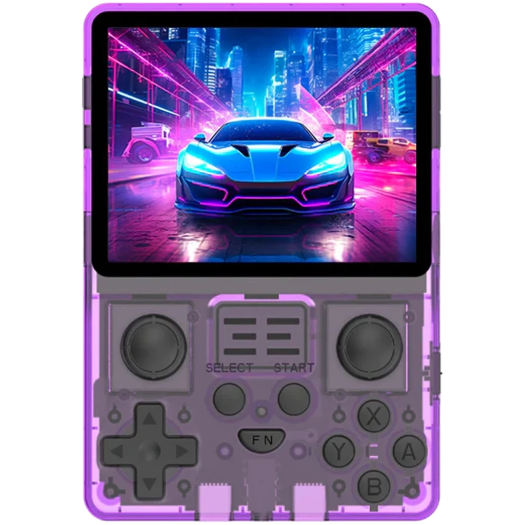 Consola portátil Powkiddy RGB20S 16 GB en lila transparente, pantalla a color, doble joystick, cruceta, botones ABXY y gatillos, diseño retro compacto