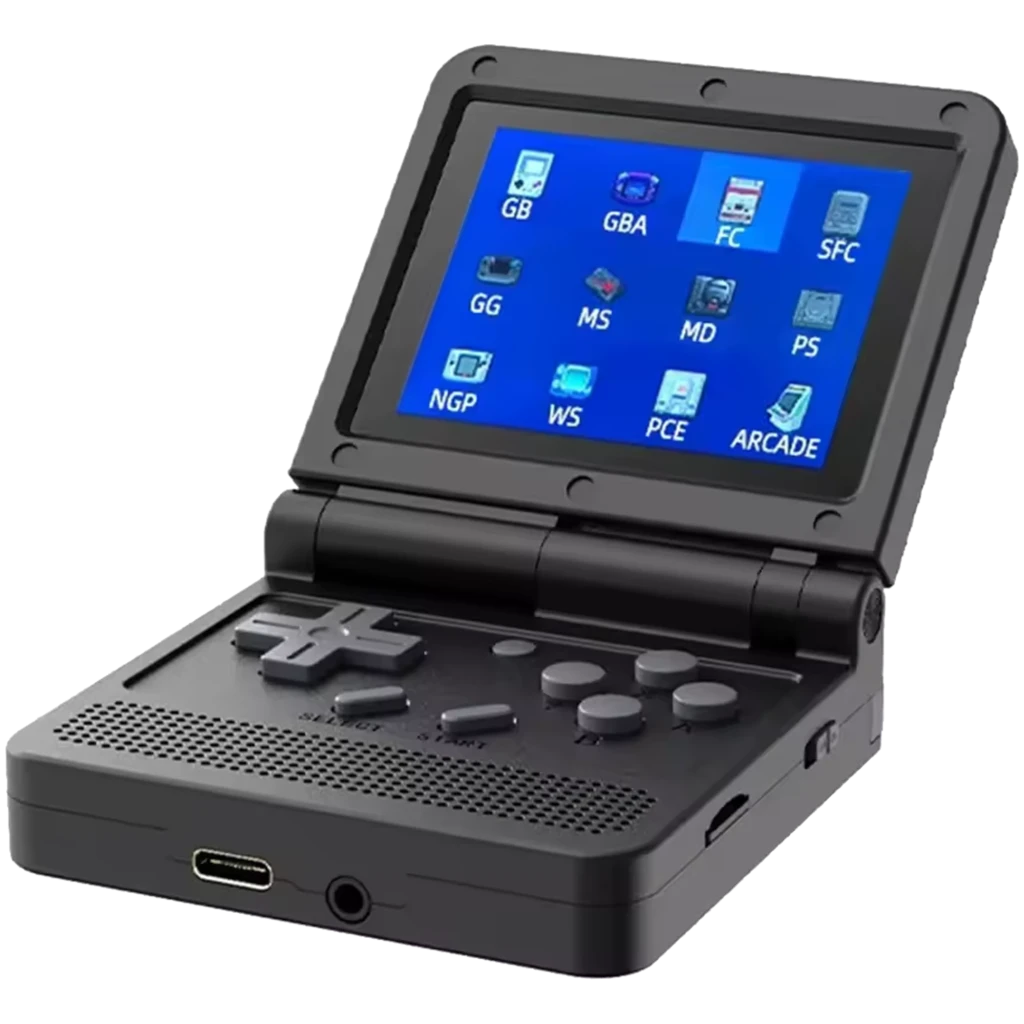 Powkiddy V90 Consola Portátil Retro Negro con diseño plegable tipo clamshell, pantalla a color, cruceta grande, botones grises y puerto USB-C y jack 3.5 mm