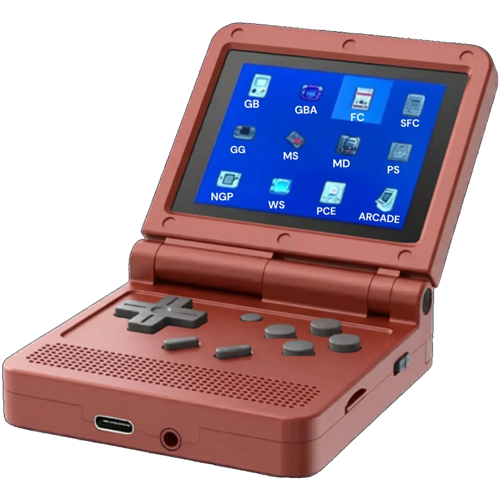 Powkiddy V90 Consola Portátil Retro Rojo con diseño plegable tipo clamshell, pantalla a color, cruceta grande, botones grises y puerto USB-C y jack 3.5 mm