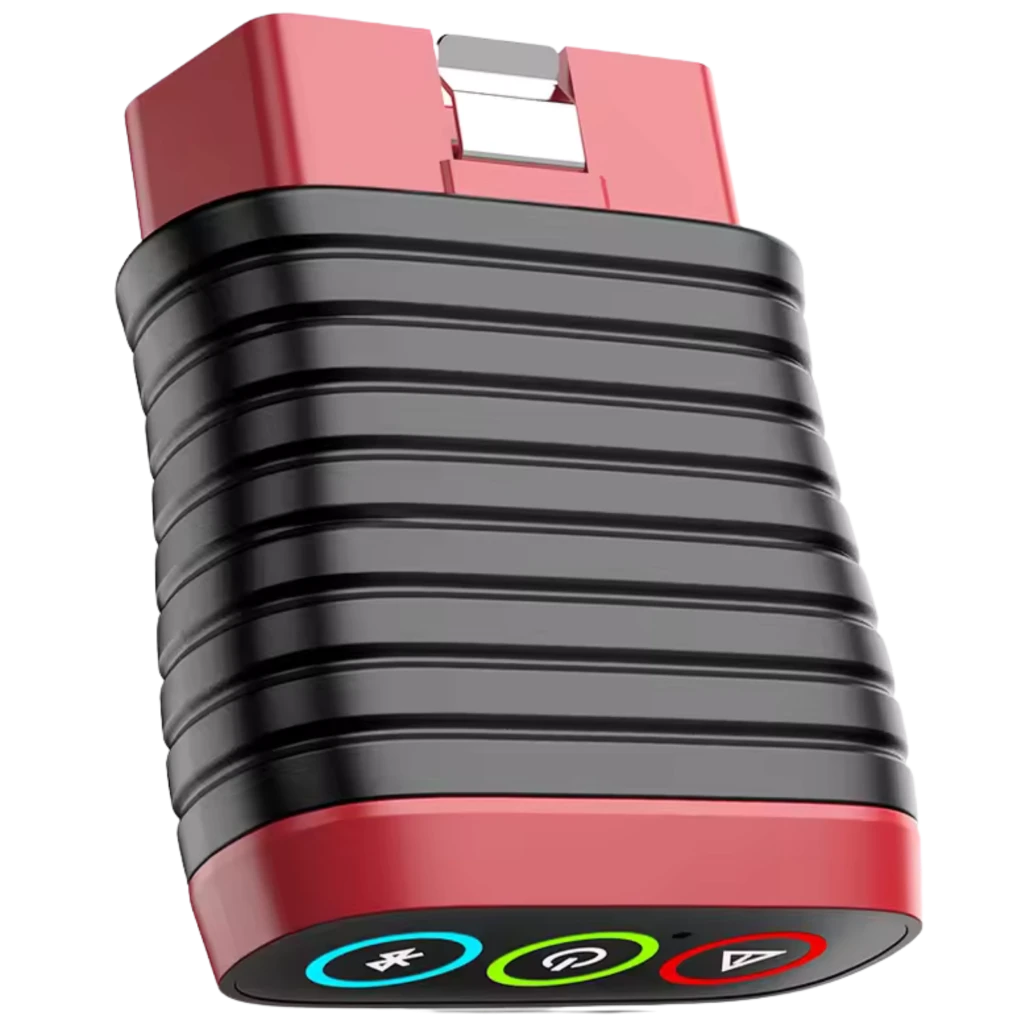 ThinkCar BD6 escáner OBD2 compacto con conector rojo, cuerpo negro acanalado y base roja con tres botones circulares iluminados: Bluetooth, encendido y alerta