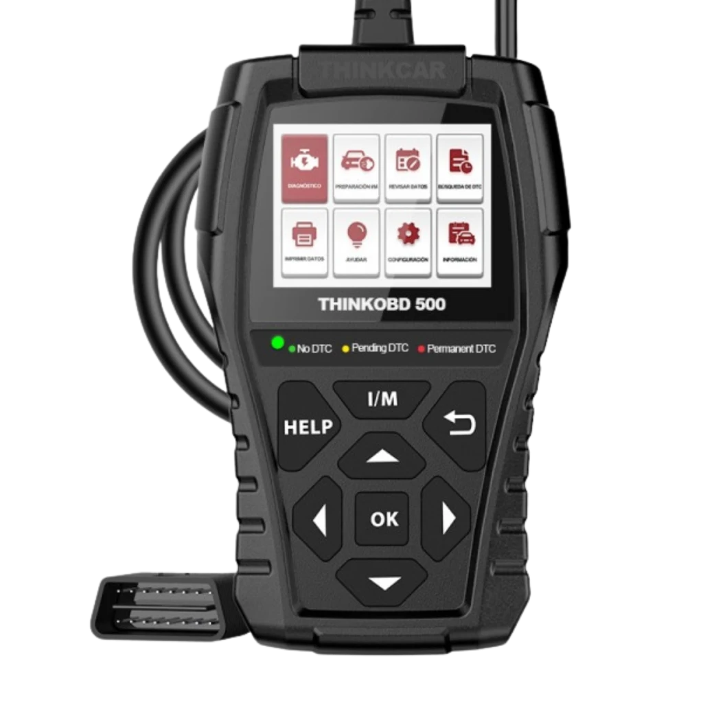 ThinkCar ThinkOBD 500 escáner OBD2 portátil negro con pantalla a color, iconos de diagnóstico, botones grandes OK y flechas, cable integrado y pedal soporte