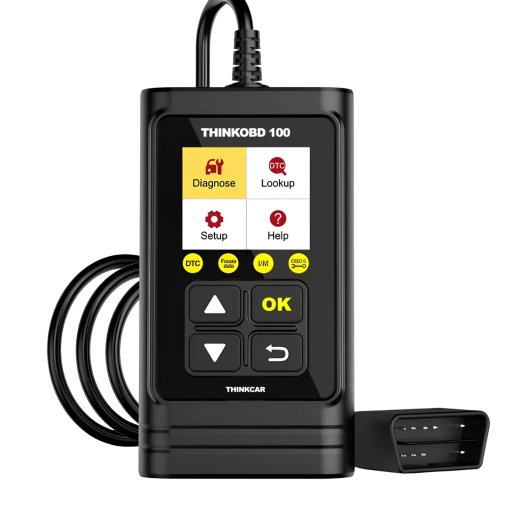 ThinkCar ThinkOBD 100 Escáner OBD2 Multimarca negro con pantalla a color, botones de navegación, cable integrado y conector OBD de 16 pines desmontable