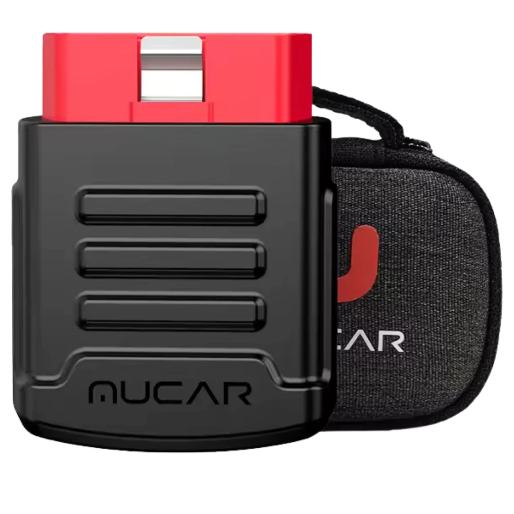 Mucar BT200 Escáner de Diagnosis OBD2 Multimarca compacto en negro y rojo, con carcasa estriada y estuche textil con cremallera y logotipo Mucar