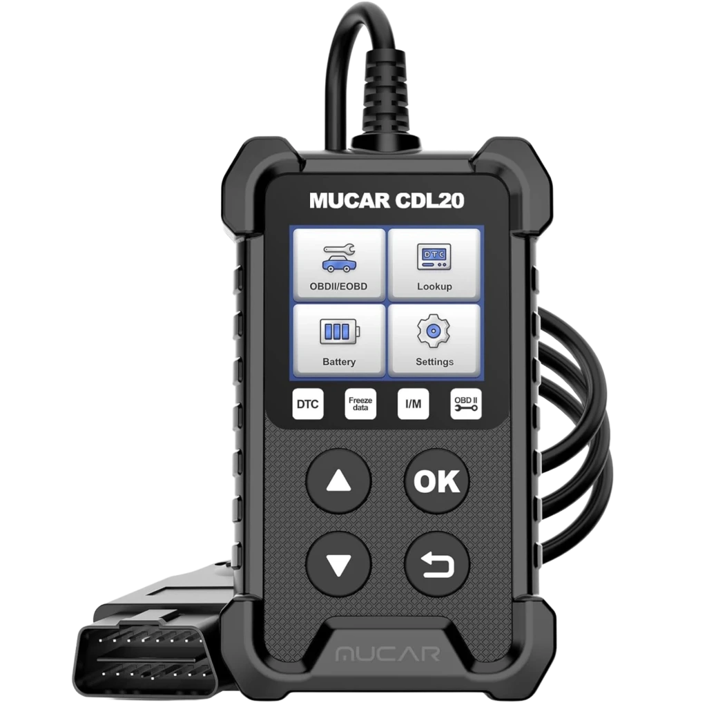 MUCAR CDL20 Escáner Diagnóstico OBD2 Multimarca con pantalla a color, botones físicos grandes, carcasa robusta y cable OBD2 integrado con conector estándar