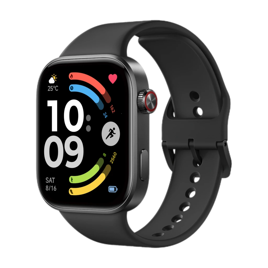 Xiaomi Redmi Watch 6 azul glaciar con pantalla AMOLED 2.07, caja plateada, corona lateral roja y correa de silicona perforada ajustable