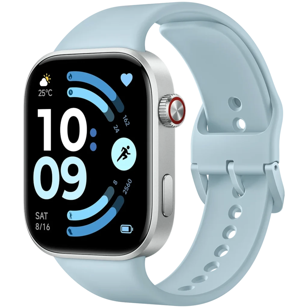 Xiaomi Redmi Watch 6 azul glaciar con pantalla AMOLED 2.07, caja plateada, corona lateral roja y correa de silicona perforada ajustable